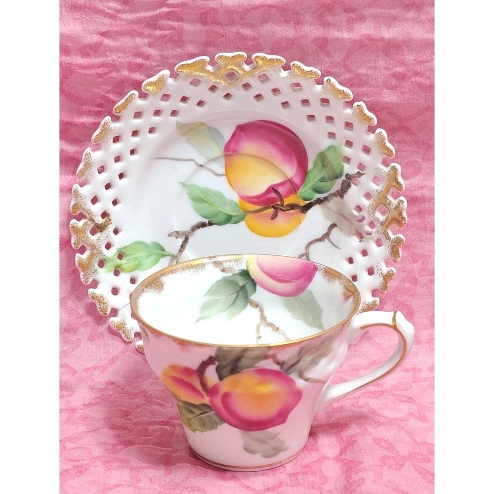 Lefton #WK711CS Tea Cup & Saucer Hand Painted Fruit Reticulated Lacey Cut Out